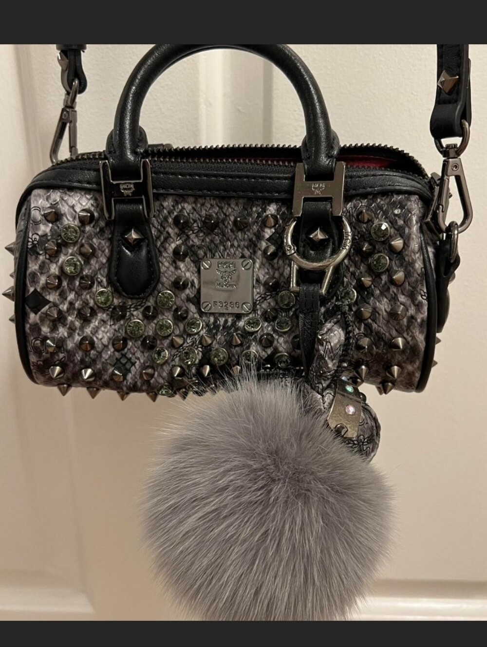 MCM Studded Grey Python-Effect Mini Satchel with Genuine Fur Bunny Pom Charm